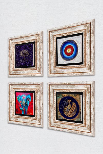 Pinecone Evil Eye, Tree of Life, Elephant, Peacock Stone Wall Painting Framed Wall Decor Set of 4 Painting Tk4-1158