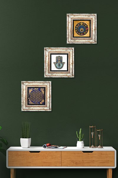 Pinecone Flower of Life, Evil Eye Bead, Fatma Mother Hand (Hamsa) Stone Wall Painting Framed Wall Decor