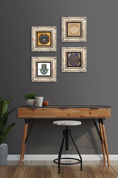 Pinecone Lotus Flower, Flower of Life, Evil Eye, Hand of Mother Fatma (Hamsa) Stone Wall Painting Framed Wall Decor