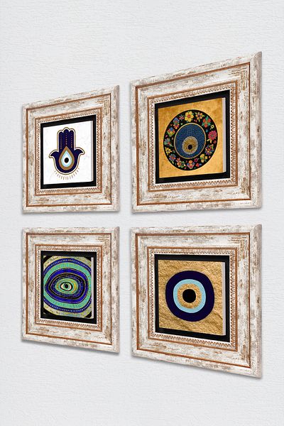 Pinecone Fatma Mother Hand (Hamsa), Nazar Stone Wall Painting Framed Wall Decor 4 Piece Painting Set Tk4-1835