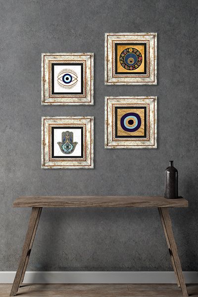 Pinecone Evil Eye, Fatma Mother Hand (Hamsa) Stone Wall Painting Framed Wall Decor 4 Piece Painting Set Tk4-1801