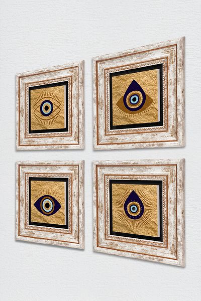 Pinecone Evil Eye Stone Wall Painting Framed Wall Decor 4 Piece Painting Set Wall Art Tk4-1066