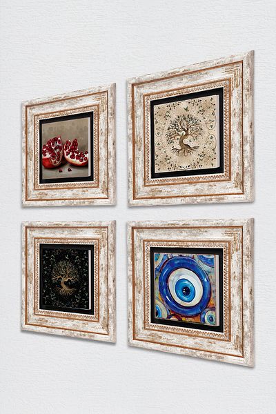 Pinecone Evil Eye, Tree of Life, Pomegranate Stone Wall Painting Framed Wall Decor 4 Piece Painting Set Tk4-1550