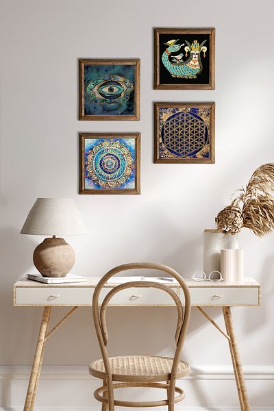 Pinecone Mandala, Evil Eye, Flower of Life, Shahmeran Stone Wall Painting with Wooden Frame Wall Decor Painting W4-787