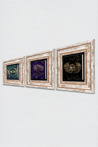 Pinecone Tree of Life, Evil Eye, Eye of Horus Stone Wall Painting Framed Wall Decor Set of 3 Paintings