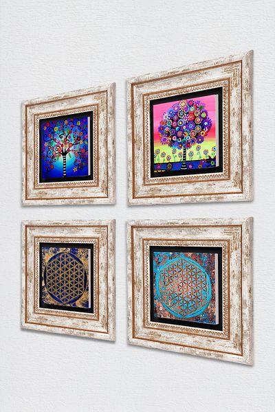 Pinecone Flower of Life, Tree of Life Stone Wall Painting Framed Wall Decor 4 Piece Painting Set Tk4-848