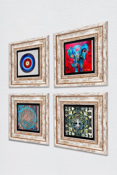 Pinecone Evil Eye, Tree of Life, Elephant, Flower of Life Stone Wall Painting Framed Wall Decor 4 Piece Set Tk4-892