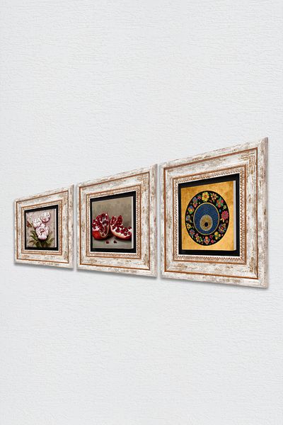 Pinecone Evil Eye Bead, Butterfly Flower, Pomegranate Stone Wall Painting Framed Wall Decor Set of 3 Painting Tk3-1226