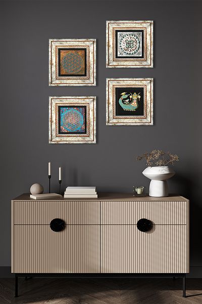 Pinecone Flower of Life, Tile Art, Şahmeran Stone Wall Painting Framed Wall Decor 4-Piece Table Set TK4-448