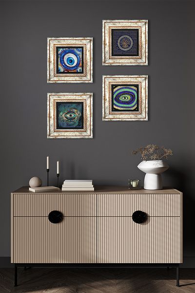 Pinecone Evil Eye Stone Wall Painting Framed Wall Decor 4 Piece Painting Set Wall Art Tk4-1246