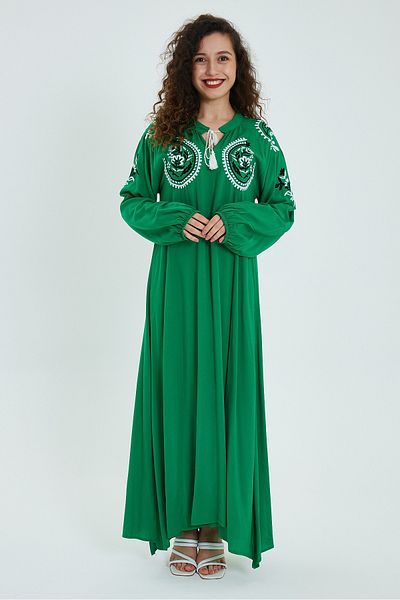 AYASOFYA OTANTIK Women's Green Flower Embroidered Embroidered Placket Collar Long Sleeve Ethnic Authentic Long Loose Dress