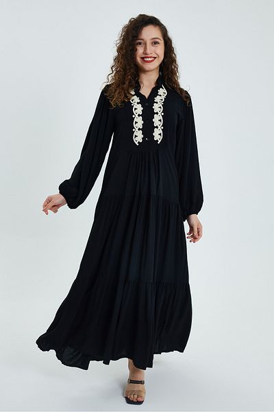 AYASOFYA OTANTIK Women's Black Embroidered Placket Collar Long Sleeve Ethnic Authentic Long Loose Dress