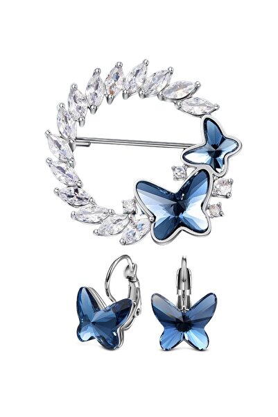 Monemel Kristal Taşlı Mavi Kelebek Broş ve Kupe Set (Altın Kaplama)