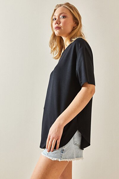 XHAN Siyah Bisiklet Yaka Oval Kesim T-Shirt 4KXK1-47929-02