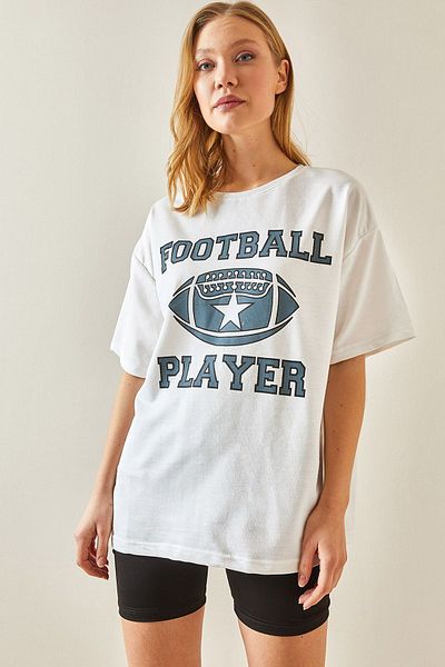 XHAN White Crew Neck Front Printed Oversize T-Shirt 4KXK1-47927-01
