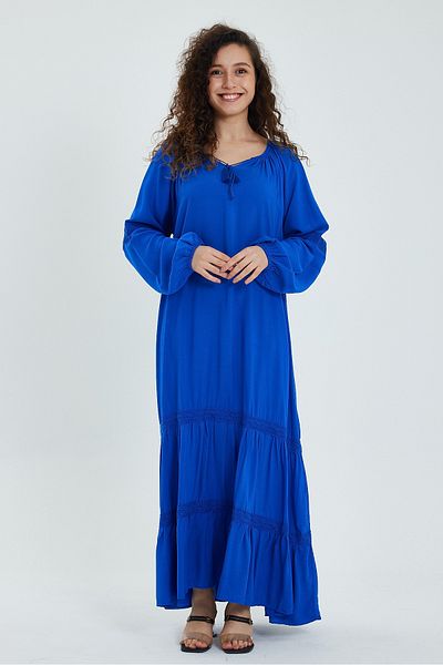 AYASOFYA OTANTIK Rochie de damă, albastră, cu dungi din dantelă, cu mânecă lungă, lungă, supradimensionată
