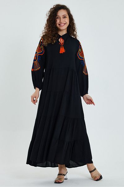 AYASOFYA OTANTIK Rochie lungă cu mânecă lungă, cu mâneci negre, brodate, cu guler cu plăcuță