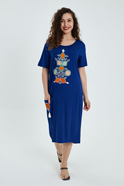 AYASOFYA OTANTIK Γυναικείο μπλε έθνικ κέντημα με λεπτομέρεια χτενισμένο βαμβακερό φόρεμα με κοντό μανίκι