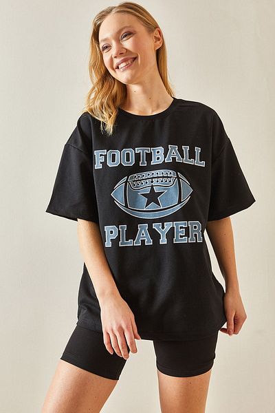 XHAN Black Crew Neck Front Printed Oversize T-Shirt 4KXK1-47927-02