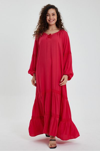 AYASOFYA OTANTIK Rochie de damă fucsia din dantelă cu mâneci lungi, lungi, supradimensionate