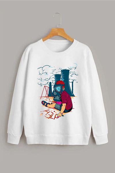 Vordevia Help Printed White Oversize Round Collar Sweatshirt