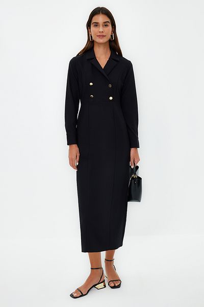 Trendyol Modest Schwarzes, zweireihiges, gewebtes Kleid mit Kragen und Knöpfen TCTSS24EB00020
