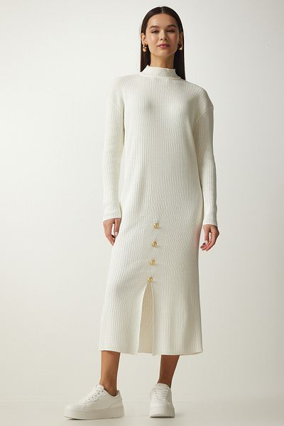 Happiness İstanbul Ecrufarbenes Cord-Strickkleid mit Knopfdetail für Damen DD01280