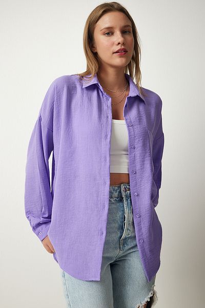 Happiness İstanbul Lilafarbenes Oversize-Leinen-Ayrobin-Hemd für Damen DD01222