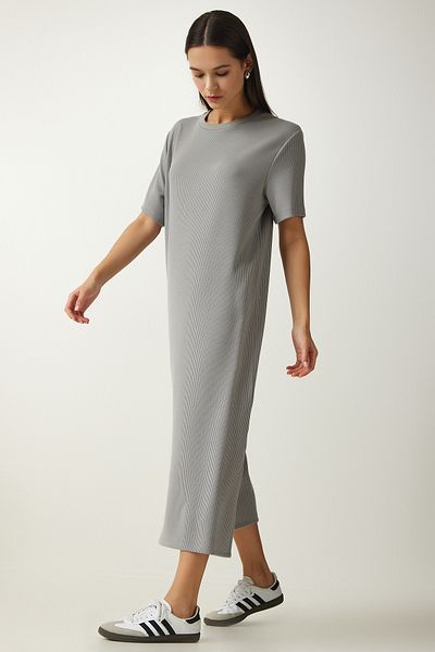 Happiness İstanbul Women's Gray Crew Neck Knitted Ribbed Dress DZ00111