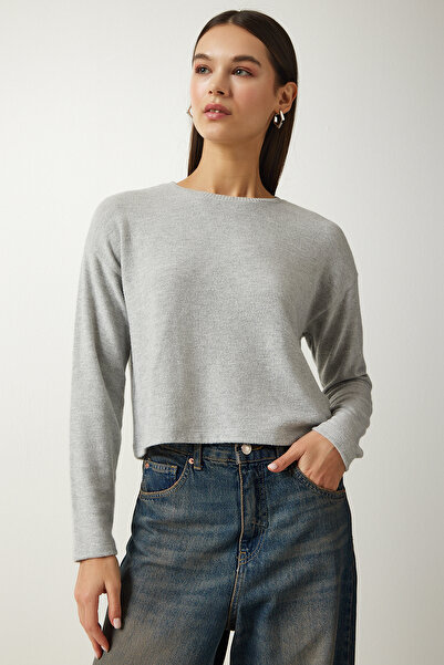 Happiness İstanbul Dámská šedá pletená halenka s jemnou texturou UB00214