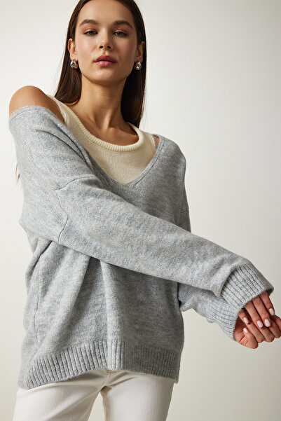 Happiness İstanbul Pulover de tricot dublu cu textura moale pentru femei gri PF00057