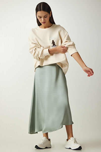 Happiness İstanbul Női Aqua Green aszimmetrikus szatén szoknya UB00218