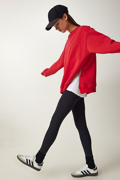 Happiness İstanbul Rotes Damen-Sweatshirt mit Reißverschluss, detailliertem, erhöhtem Strickmuster UB00148