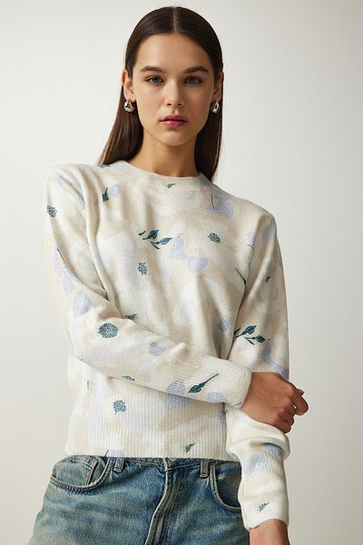 Happiness İstanbul Women's Beige Blue Patterned Soft Textured Knitwear Sweater LU00022