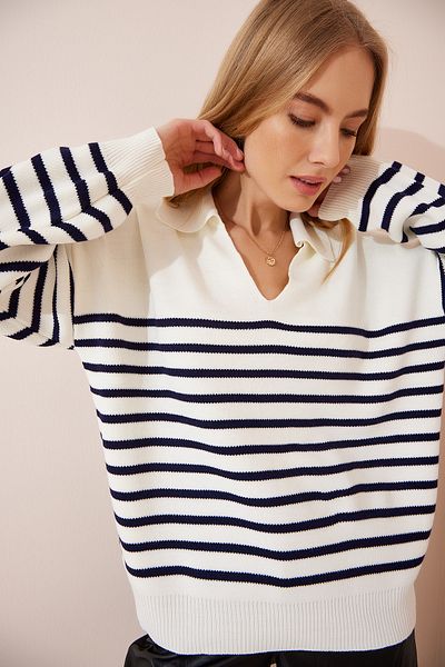 Happiness İstanbul Women's Ecru Polo Collar Striped Knitwear Sweater FN02971