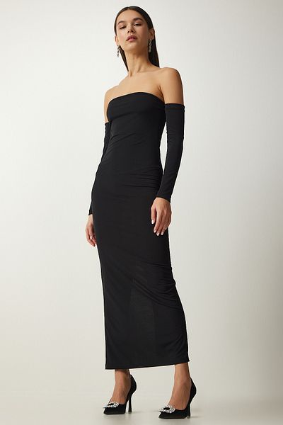 Happiness İstanbul Women's Black Strapless Collar Slit Sandy Dress BF00086