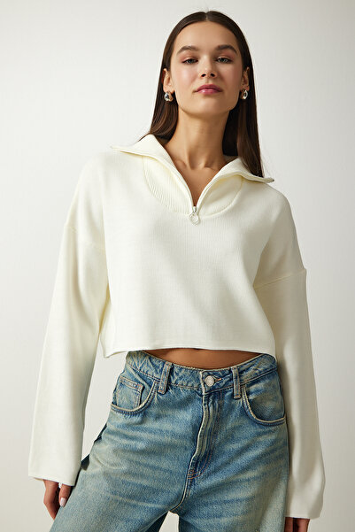 Happiness İstanbul Women's Ecru Zipper Collar Knitwear Sweater PF00055
