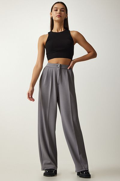 Happiness İstanbul Women's Gray Pleated Palazzo Trousers DW00004