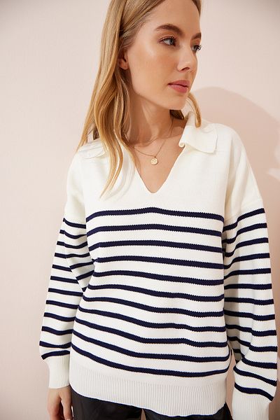 Happiness İstanbul Women's Ecru Polo Collar Striped Knitwear Sweater FN02971
