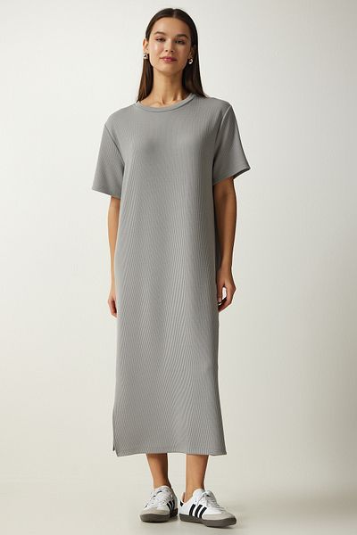Happiness İstanbul Women's Gray Crew Neck Knitted Ribbed Dress DZ00111