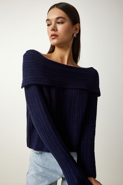 Happiness İstanbul Women's Navy Blue Madonna Collar Knitwear Sweater PF00049