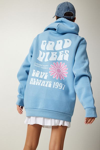 Happiness İstanbul Damska bluza z kapturem w kolorze jasnoniebieskim z nadrukiem OW00011