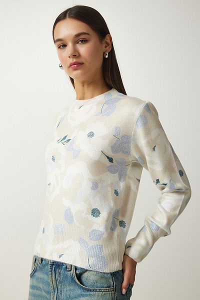 Happiness İstanbul Women's Beige Blue Patterned Soft Textured Knitwear Sweater LU00022