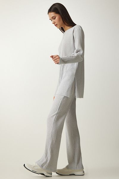 Happiness İstanbul Women's Gray Corded Knitted Blouse and Trousers Set OW00008