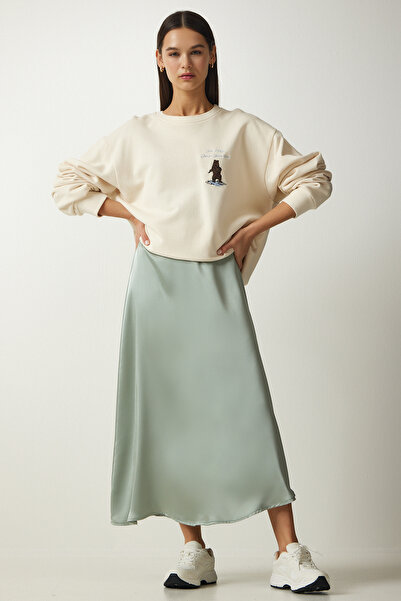 Happiness İstanbul Női Aqua Green aszimmetrikus szatén szoknya UB00218