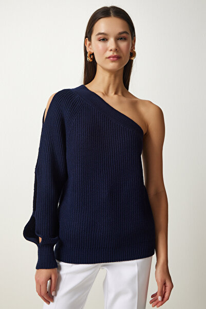 Happiness İstanbul Pulover PF00059 pentru femei, albastru bleumarin, cu o singură mânecă, cu detalii