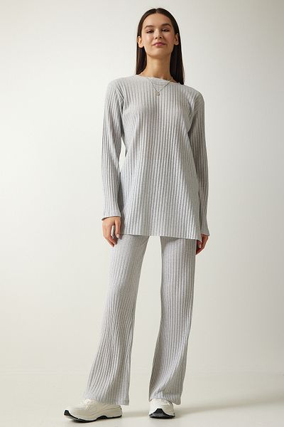 Happiness İstanbul Women's Gray Corded Knitted Blouse and Trousers Set OW00008