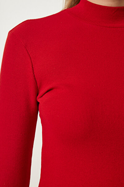 Happiness İstanbul Női piros, magas galléros kordbársony lycra kötött ruha GT00060