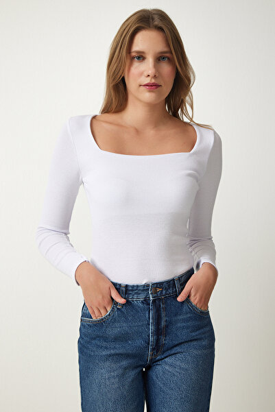 Happiness İstanbul Damska biała dzianinowa bluzka z kwadratowym dekoltem GT00052