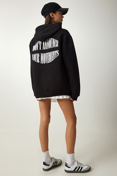 Happiness İstanbul Schwarzes Damen-Sweatshirt mit Kapuze und roségoldenem Aufdruck OW00002